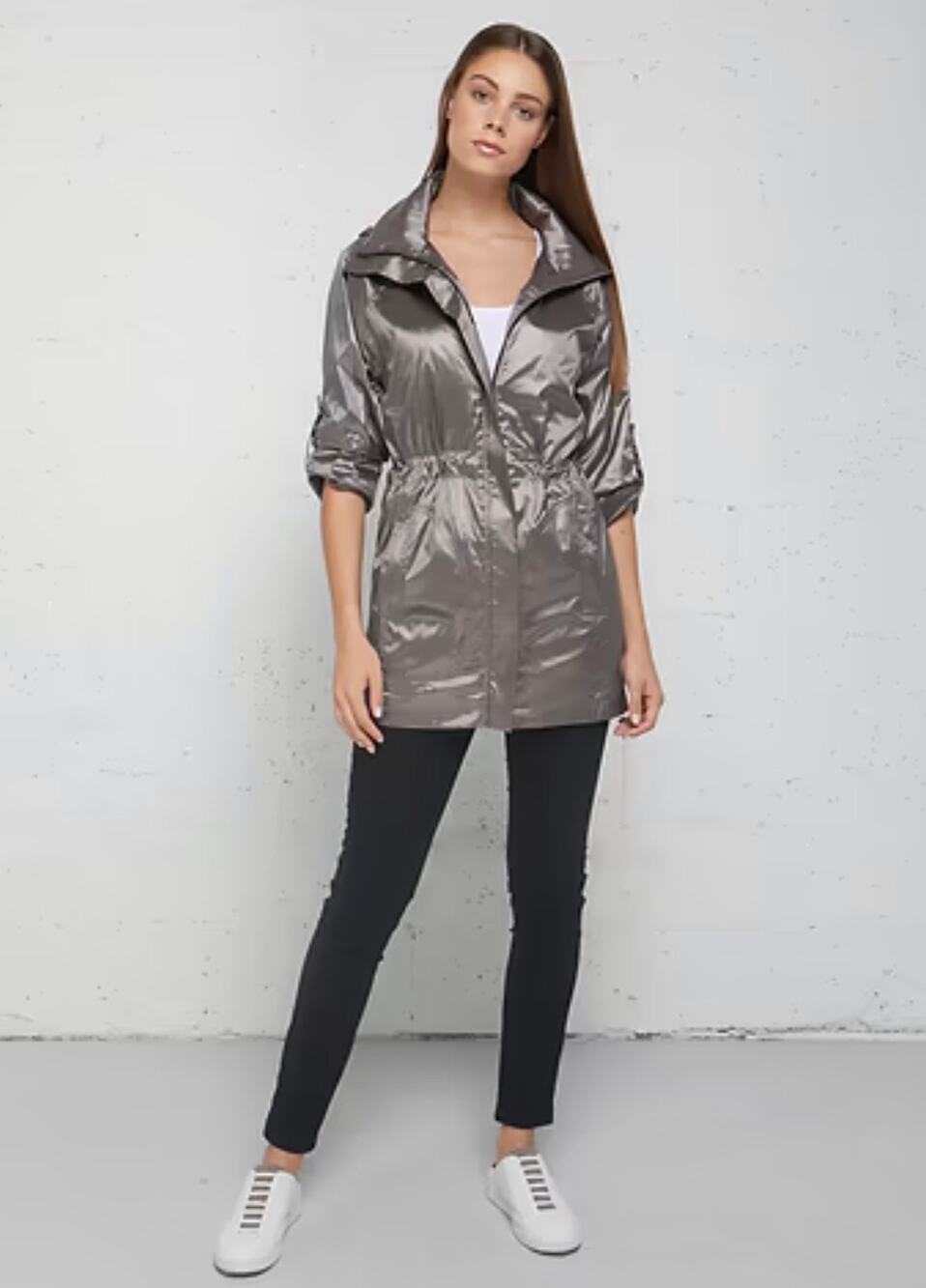 Anatomie Merika Zinch Waist Full Sip Metallic Silver Packable Weather Jacket XS